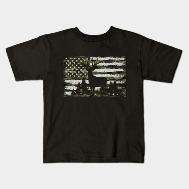 Camouflage American Flag Deer Hunting Kids T-Shirt by Imou designs